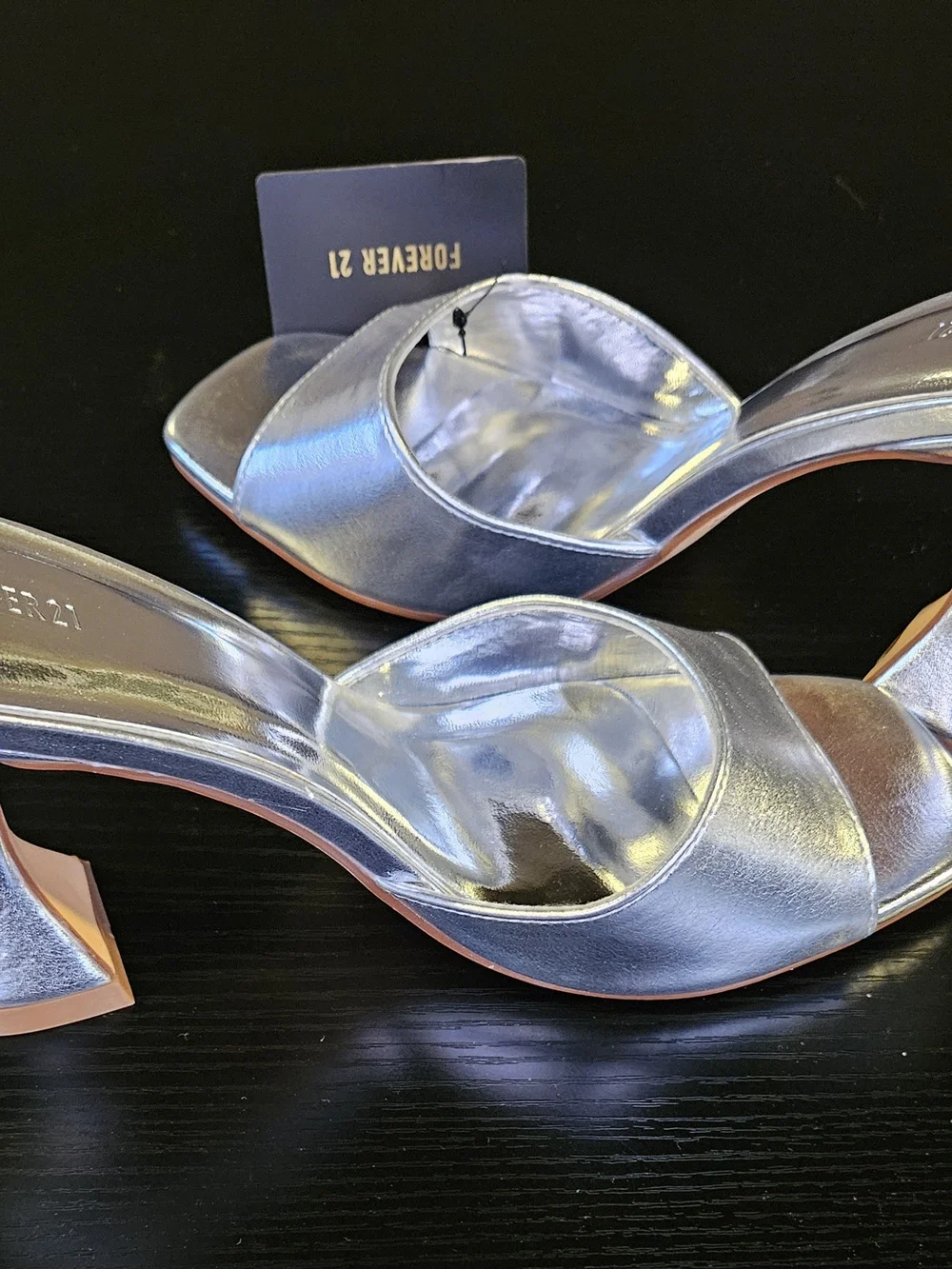 FOREVER 21 Silver Metallic Open-Toe Mule Heels - Picture 2 of 8
